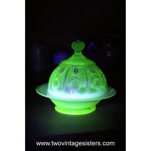 Northwood Jewel Flower Canary Uranium Vaseline Glass Butter Dish